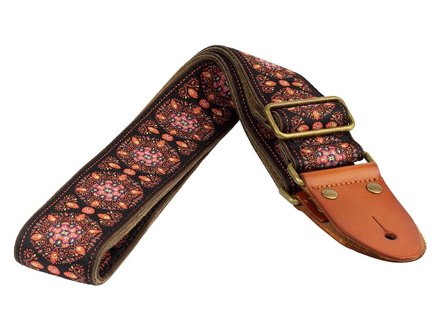 Gaucho GST-1280-5 Authentic Deluxe Series Gitaarband 2" jacquard geweven, leren uiteinden, messing gesp, blauw/roze
