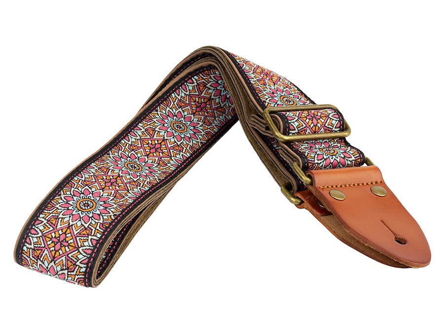 Gaucho GST-1280-6 Authentic Deluxe Series Gitaarband 2" jacquard geweven, leren uiteinden, messing gesp, zwart/blauw/rood