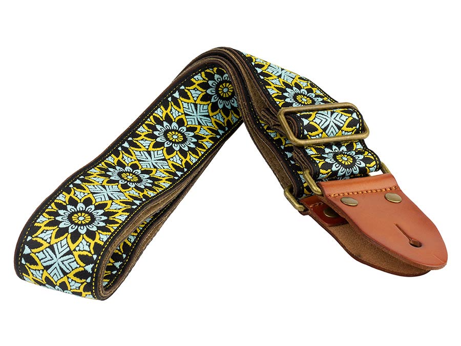 Gaucho GST-1280-7 Authentic Deluxe Series Gitaarband 2" jacquard geweven, leren uiteinden, messing gesp, zwart/blauw/groen