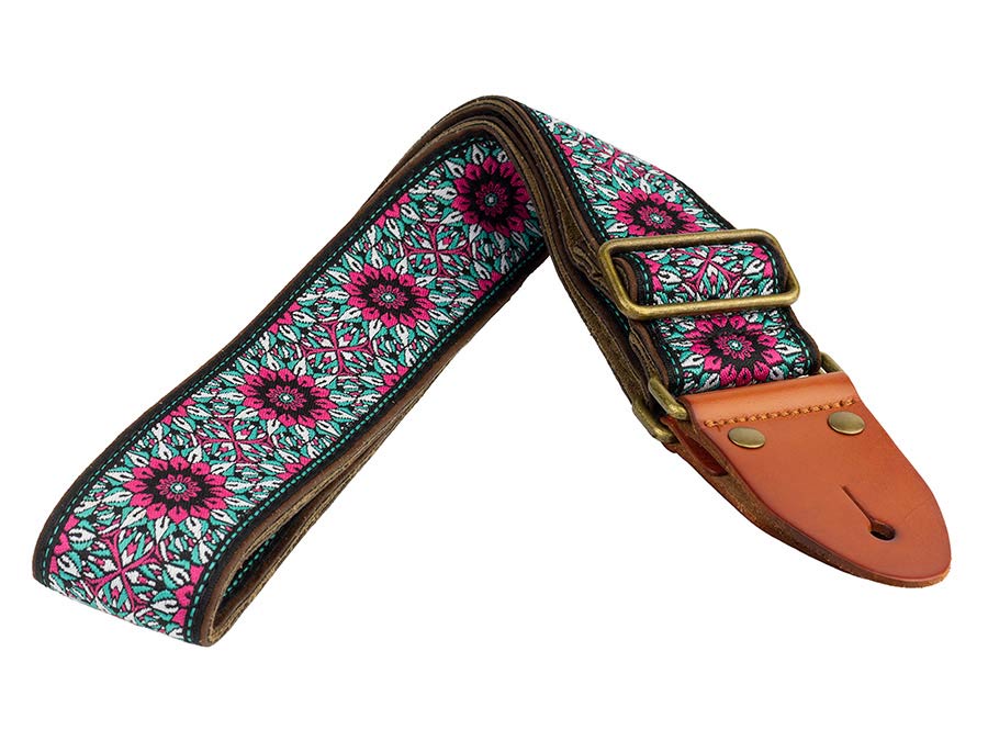 Gaucho GST-1280-8 Authentic Deluxe Series Gitaarband 2" jacquard geweven, leren uiteinden, messing gesp, zwart/blauw/roze