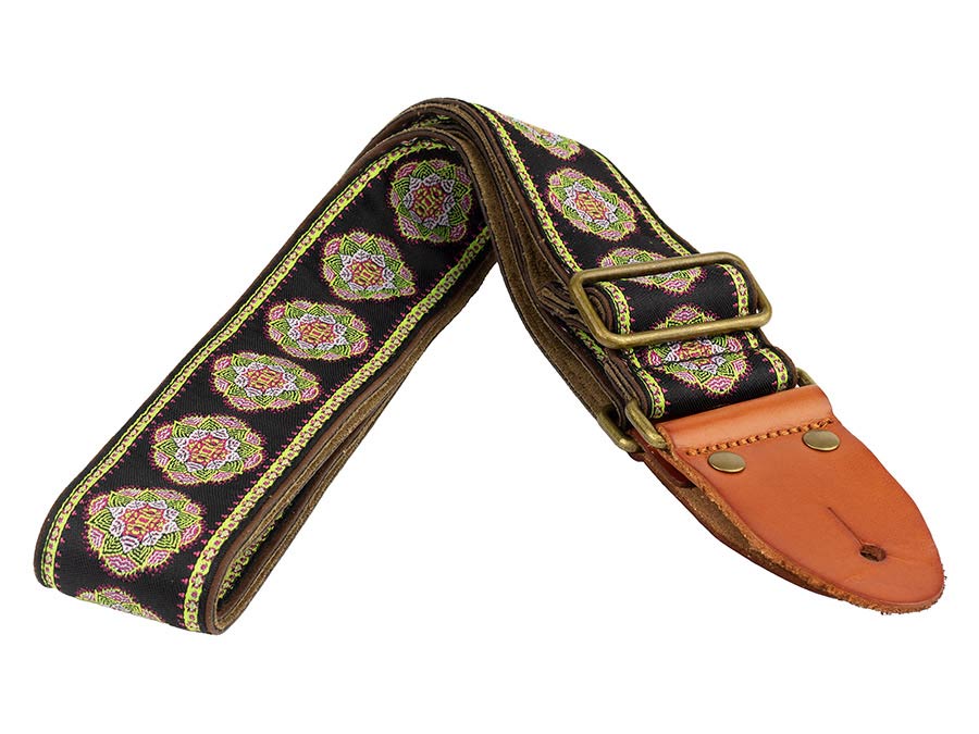 Gaucho GST-1280-9 Authentic Deluxe Series Gitaarband 2" jacquard geweven, leren uiteinden, messing gesp, zwart/groen