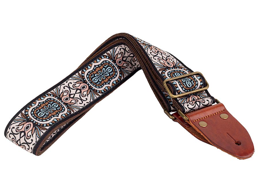 Gaucho GST-1281-1 Classic Jacquard Series Gitaarband van 5 cm breed jacquardweefsel, leren uiteinden met bevestigingspinnen, messing gesp en suède achterzijde, meerkleurig