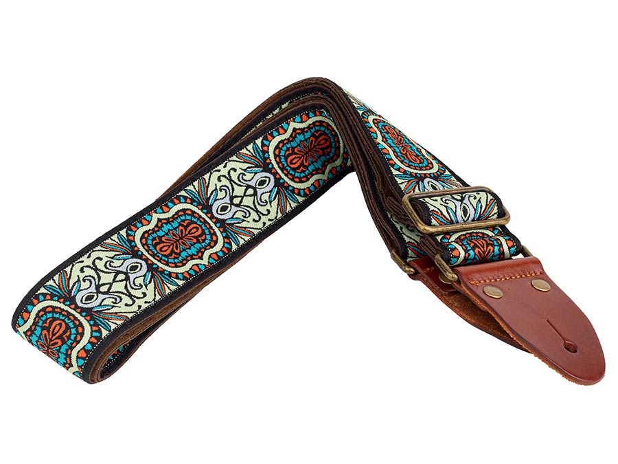 Gaucho GST-1281-2 Classic Jacquard Series Gitaarband van 5 cm breed jacquardweefsel, leren uiteinden met bevestigingspinnen, messing gesp en suède achterzijde, meerkleurig