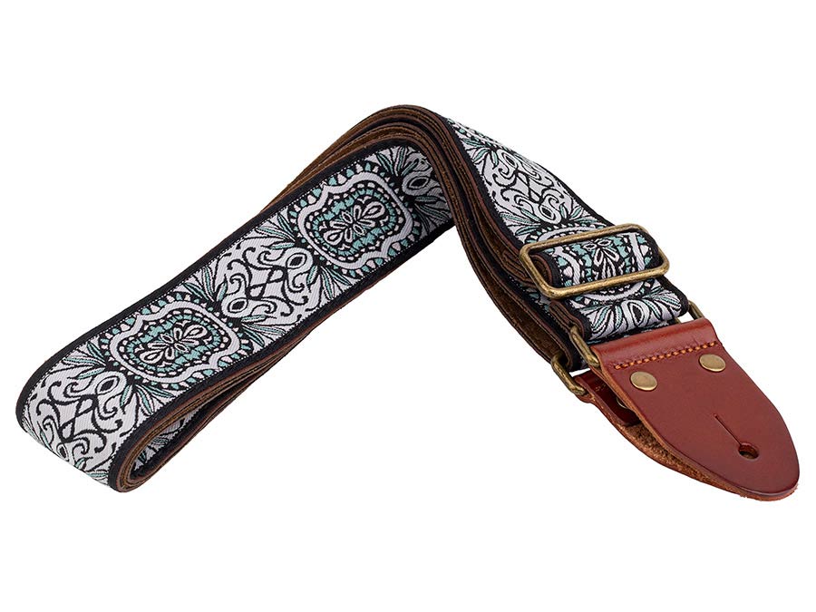 Gaucho GST-1281-3 Classic Jacquard Series Gitaarband van 5 cm breed jacquardweefsel, leren uiteinden met bevestigingspinnen, messing gesp en suède achterzijde, wit-blauw