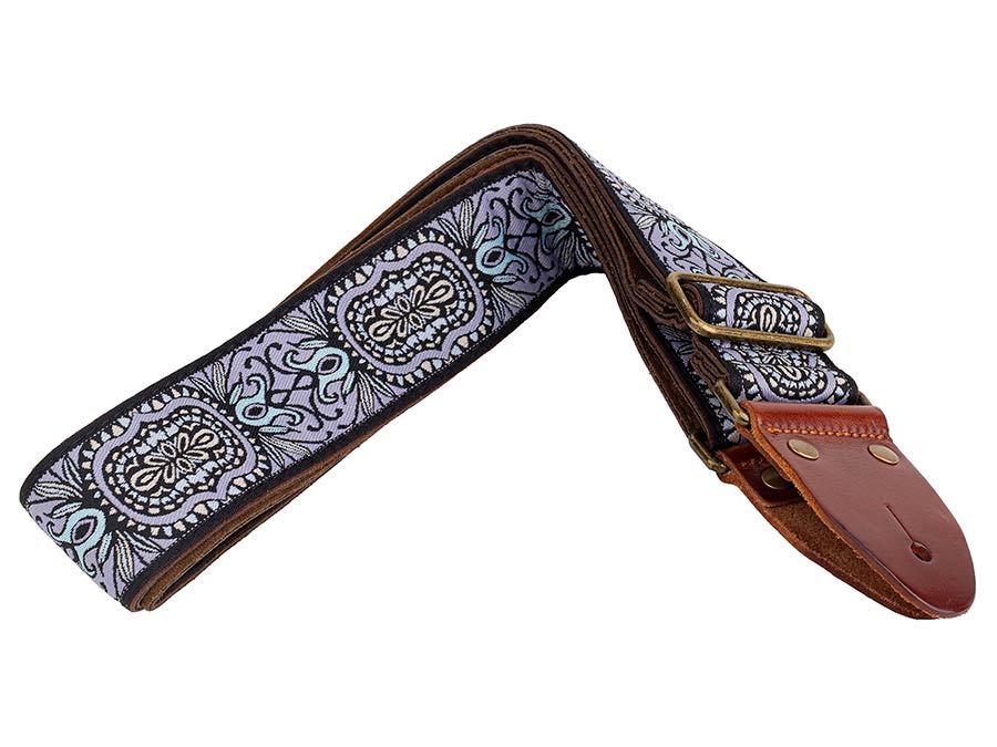 Gaucho GST-1281-4 Classic Jacquard Series Gitaarband van 5 cm breed jacquardweefsel, leren uiteinden met bevestigingspinnen, messing gesp en suède achterzijde, meerkleurig