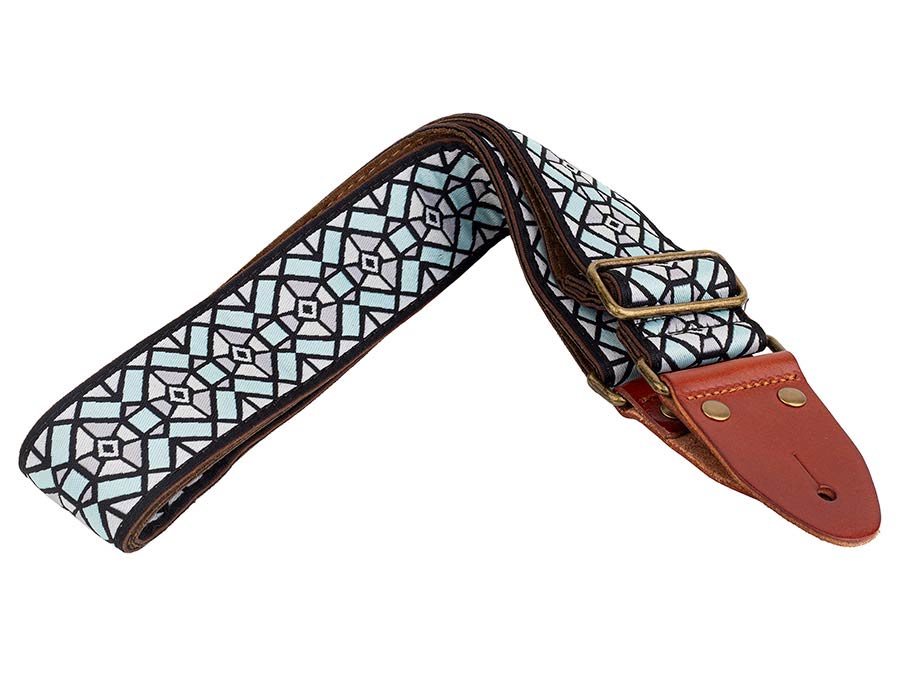 Gaucho GST-1282-1 Classic Jacquard Series Gitaarband van 5 cm breed jacquardweefsel, leren uiteinden met bevestigingspinnen, messing gesp en suède achterzijde, blauw-grijs