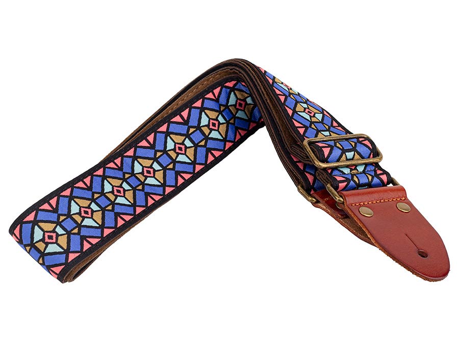 Gaucho GST-1282-2 Classic Jacquard Series Gitaarband van 5 cm breed jacquardweefsel, leren uiteinden met bevestigingspinnen, messing gesp en suède achterzijde, blauw-roze