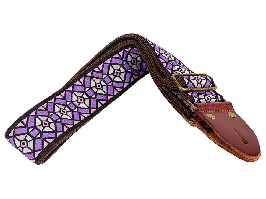 Gaucho GST-1282-4 Classic Jacquard Series Gitaarband van 5 cm breed jacquardweefsel, leren uiteinden met bevestigingspinnen, messing gesp en suède achterzijde, paars-roze