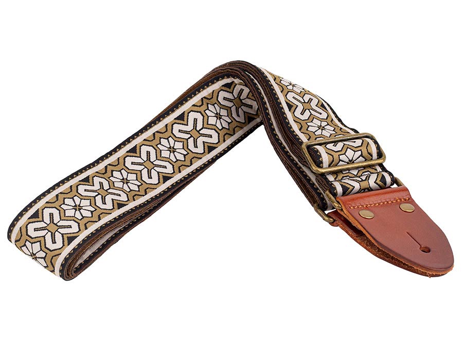 Gaucho GST-1283-1 Classic Jacquard Series Gitaarband van 5 cm breed jacquardweefsel, leren uiteinden met bevestigingspinnen, messing gesp en suède achterzijde, zand-wit
