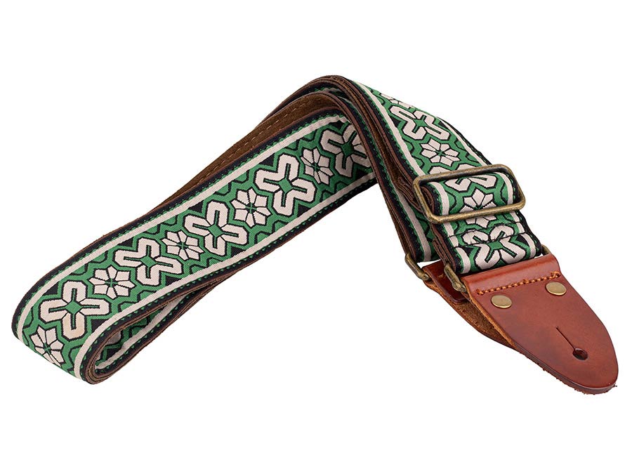 Gaucho GST-1283-2 Classic Jacquard Series Gitaarband van 5 cm breed jacquardweefsel, leren uiteinden met bevestigingspinnen, messing gesp en suède achterzijde, groen-wit