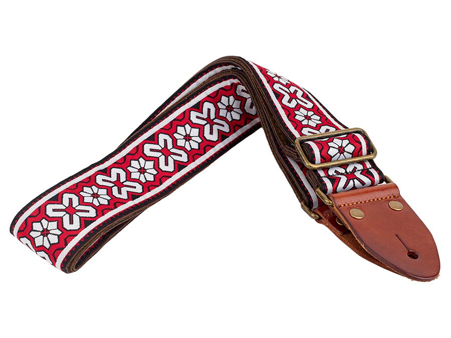 Gaucho GST-1283-3 Classic Jacquard Series Gitaarband van 5 cm breed jacquardweefsel, leren uiteinden met bevestigingspinnen, messing gesp en suède achterzijde, rood-wit