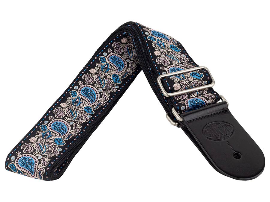 Gaucho GST-196-01 Traditional Series Gitaarband van 5 cm breed jacquardweefsel met leren uiteinden, meerkleurig