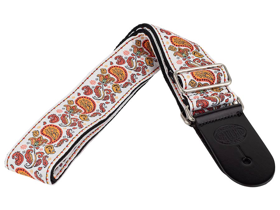 Gaucho GST-196-09 Traditional Series Gitaarband van 5 cm breed jacquardweefsel met leren uiteinden, meerkleurig