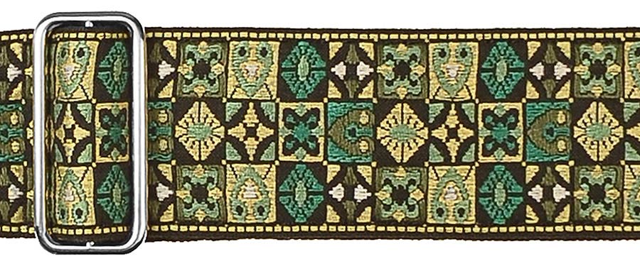 Gaucho GST-186-GN Traditional Series Gitaarband 2" jacquard geweven, leren slips, groen mozaiek