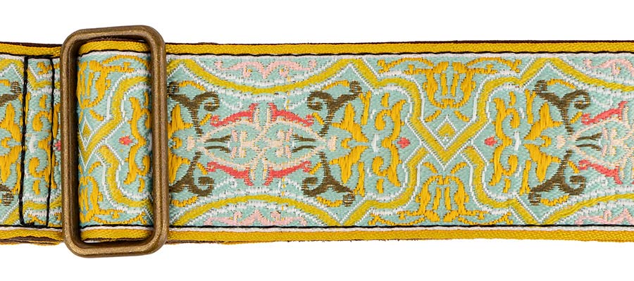 Gaucho GST-1280-3 Authentic Deluxe Series Gitaarband 2" jacquard geweven, leren uiteinden, messing gesp, geel/groen