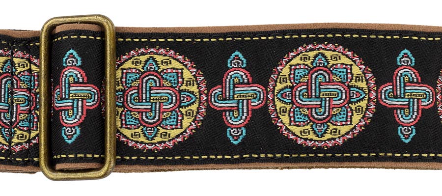 Gaucho GST-1280-4 Authentic Deluxe Series Gitaarband 2" jacquard geweven, leren uiteinden, messing gesp, zwart/blauw/rood