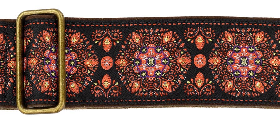Gaucho GST-1280-5 Authentic Deluxe Series Gitaarband 2" jacquard geweven, leren uiteinden, messing gesp, blauw/roze