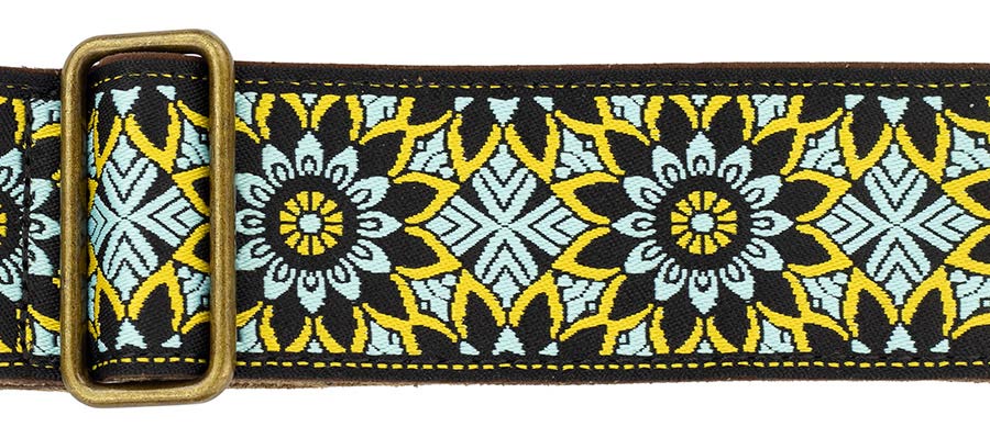 Gaucho GST-1280-7 Authentic Deluxe Series Gitaarband 2" jacquard geweven, leren uiteinden, messing gesp, zwart/blauw/groen
