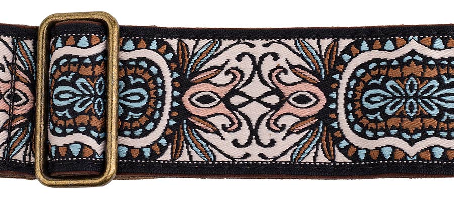 Gaucho GST-1281-1 Classic Jacquard Series Gitaarband van 5 cm breed jacquardweefsel, leren uiteinden met bevestigingspinnen, messing gesp en suède achterzijde, meerkleurig