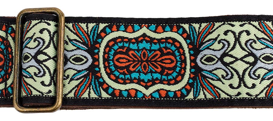 Gaucho GST-1281-2 Classic Jacquard Series Gitaarband van 5 cm breed jacquardweefsel, leren uiteinden met bevestigingspinnen, messing gesp en suède achterzijde, meerkleurig