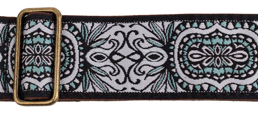 Gaucho GST-1281-3 Classic Jacquard Series Gitaarband van 5 cm breed jacquardweefsel, leren uiteinden met bevestigingspinnen, messing gesp en suède achterzijde, wit-blauw