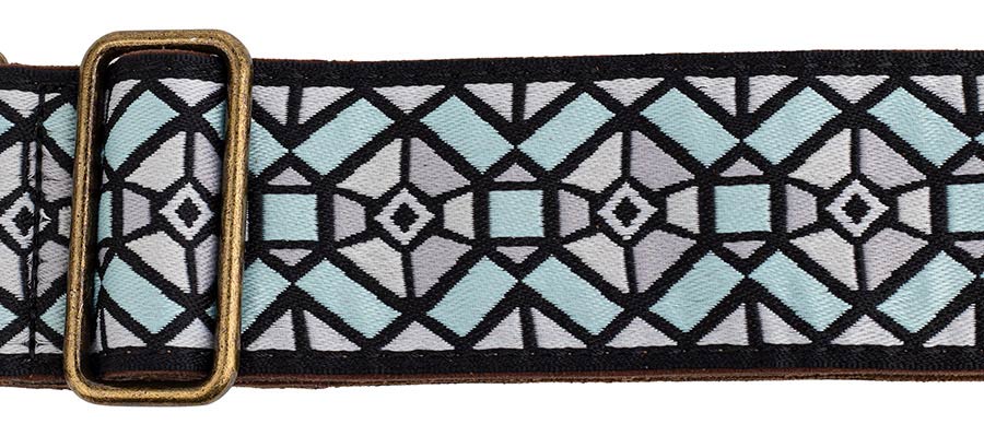 Gaucho GST-1282-1 Classic Jacquard Series Gitaarband van 5 cm breed jacquardweefsel, leren uiteinden met bevestigingspinnen, messing gesp en suède achterzijde, blauw-grijs