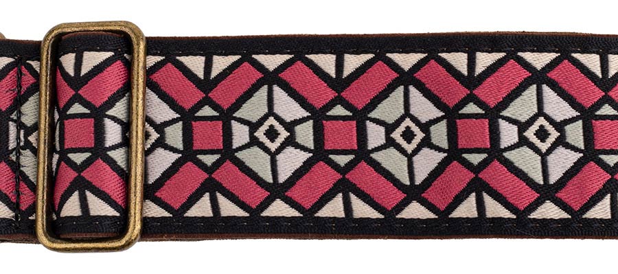 Gaucho GST-1282-3 Classic Jacquard Series Gitaarband van 5 cm breed jacquardweefsel, leren uiteinden met bevestigingspinnen, messing gesp en suède achterzijde, roze-grijs