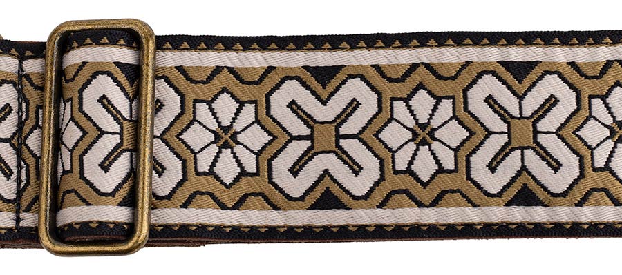 Gaucho GST-1283-1 Classic Jacquard Series Gitaarband van 5 cm breed jacquardweefsel, leren uiteinden met bevestigingspinnen, messing gesp en suède achterzijde, zand-wit