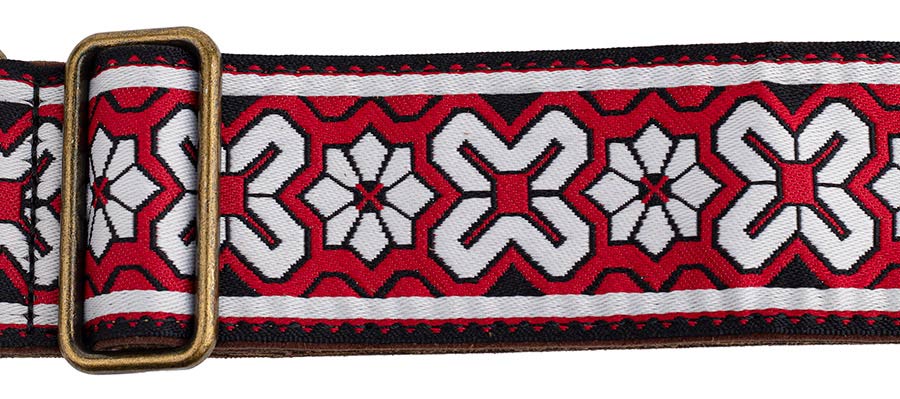Gaucho GST-1283-3 Classic Jacquard Series Gitaarband van 5 cm breed jacquardweefsel, leren uiteinden met bevestigingspinnen, messing gesp en suède achterzijde, rood-wit