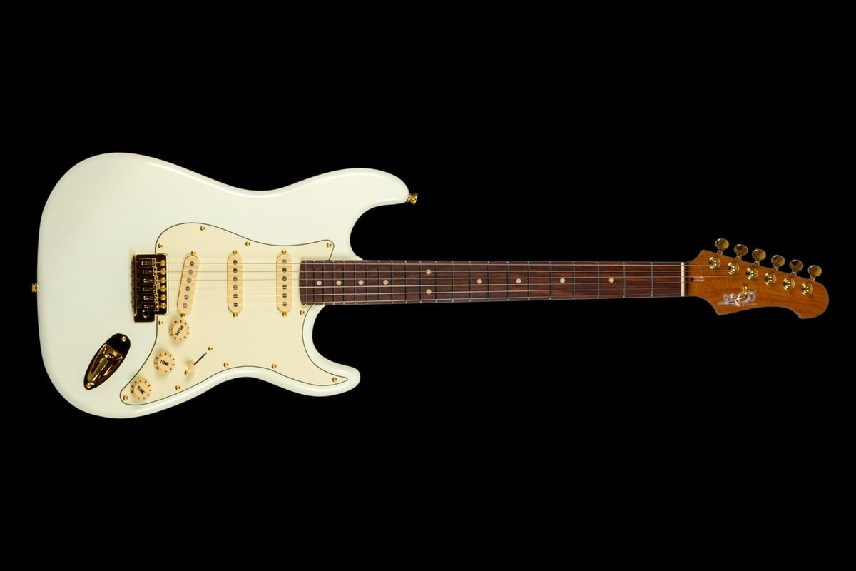 JET Guitars JS-380 OW G – elektrische gitaar – S-'plus' stijl SSS Alnico V Goud hardware Wit, palissander toets