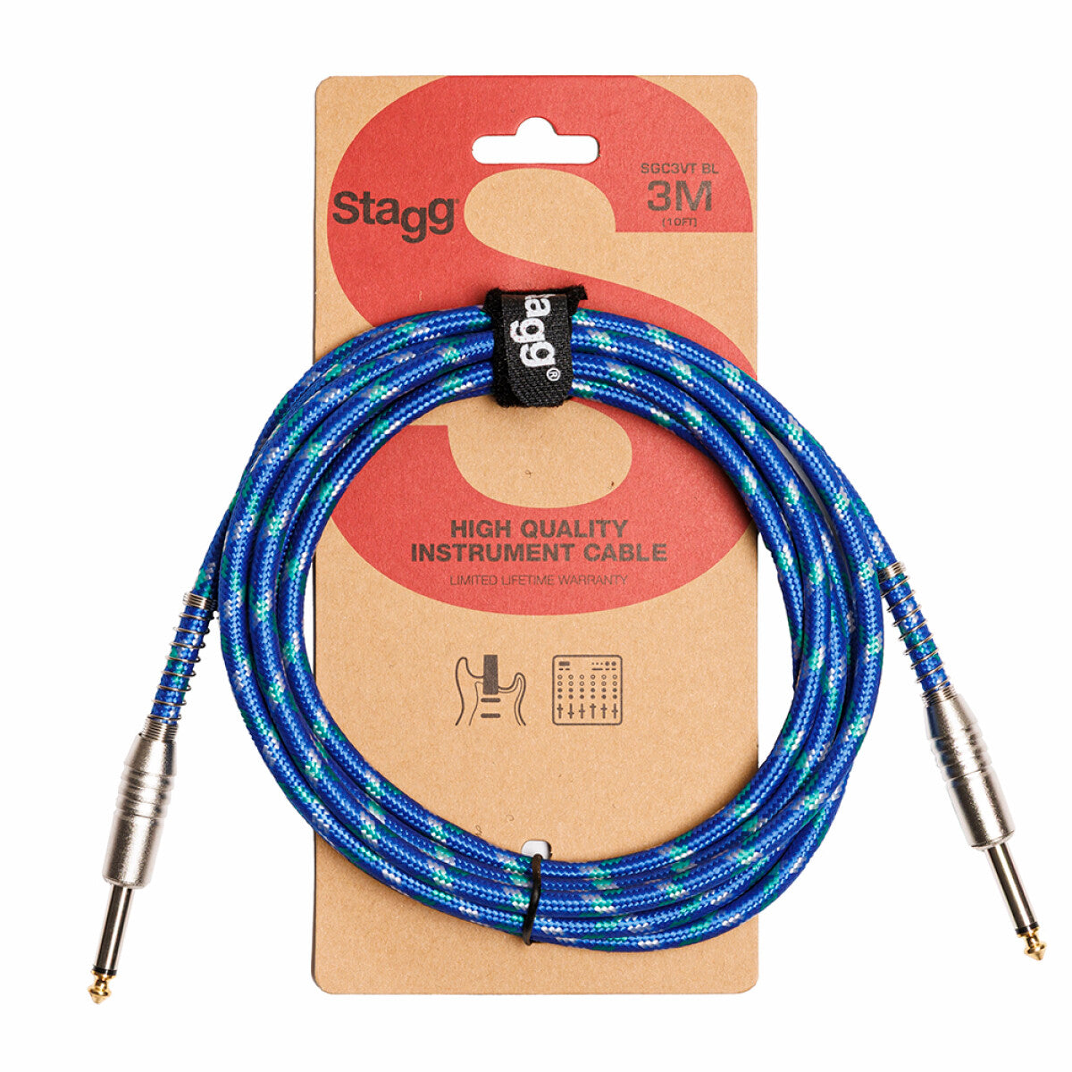 Stagg SGC3VT BL instrumentkabel jack/jack (m/m), 3 meter vintage-style tweed, blauw