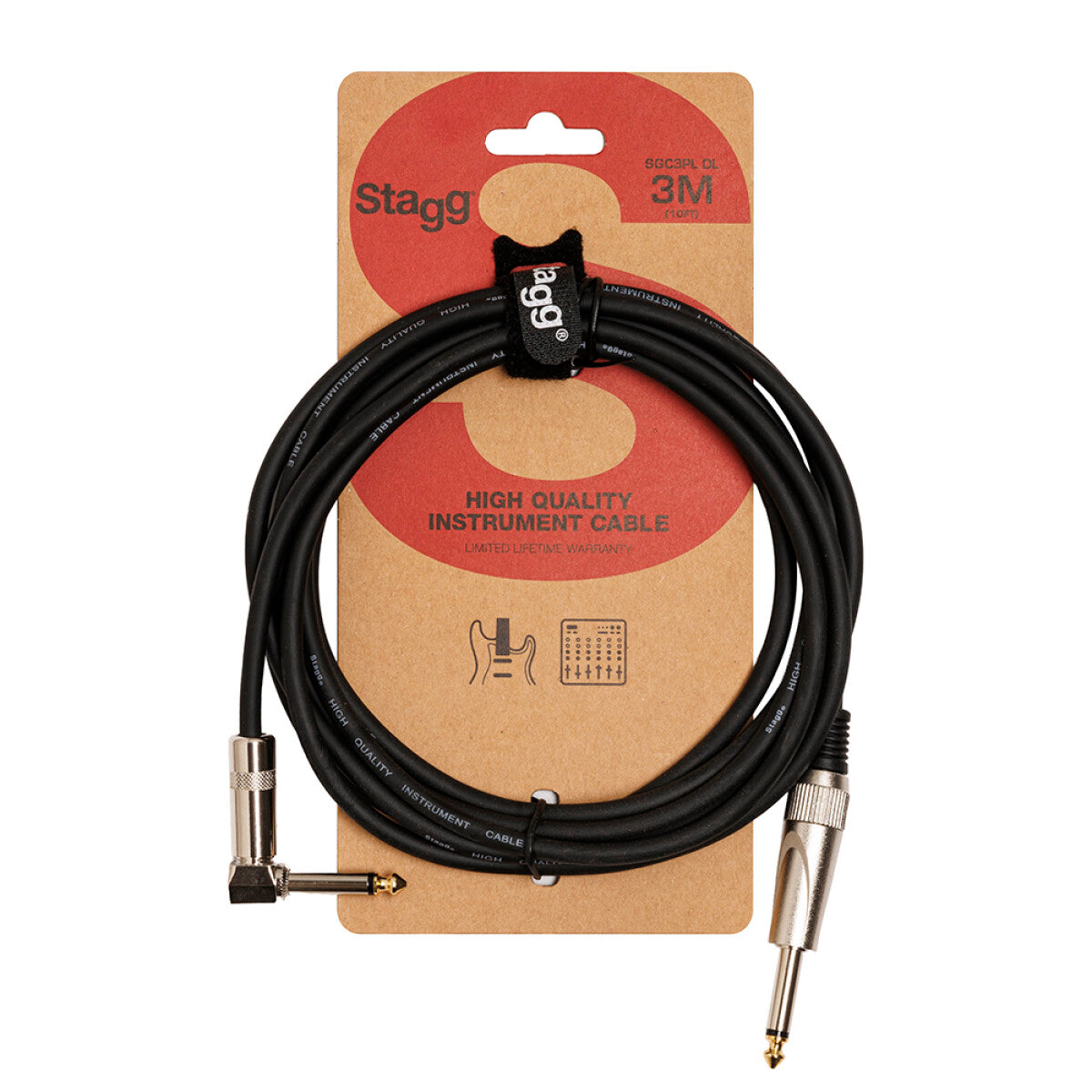 Stagg SGC3PL DL instrumentkabel jack/jack (m/m, recht/haaks), 3 m, heavy-duty pluggen, S-serie