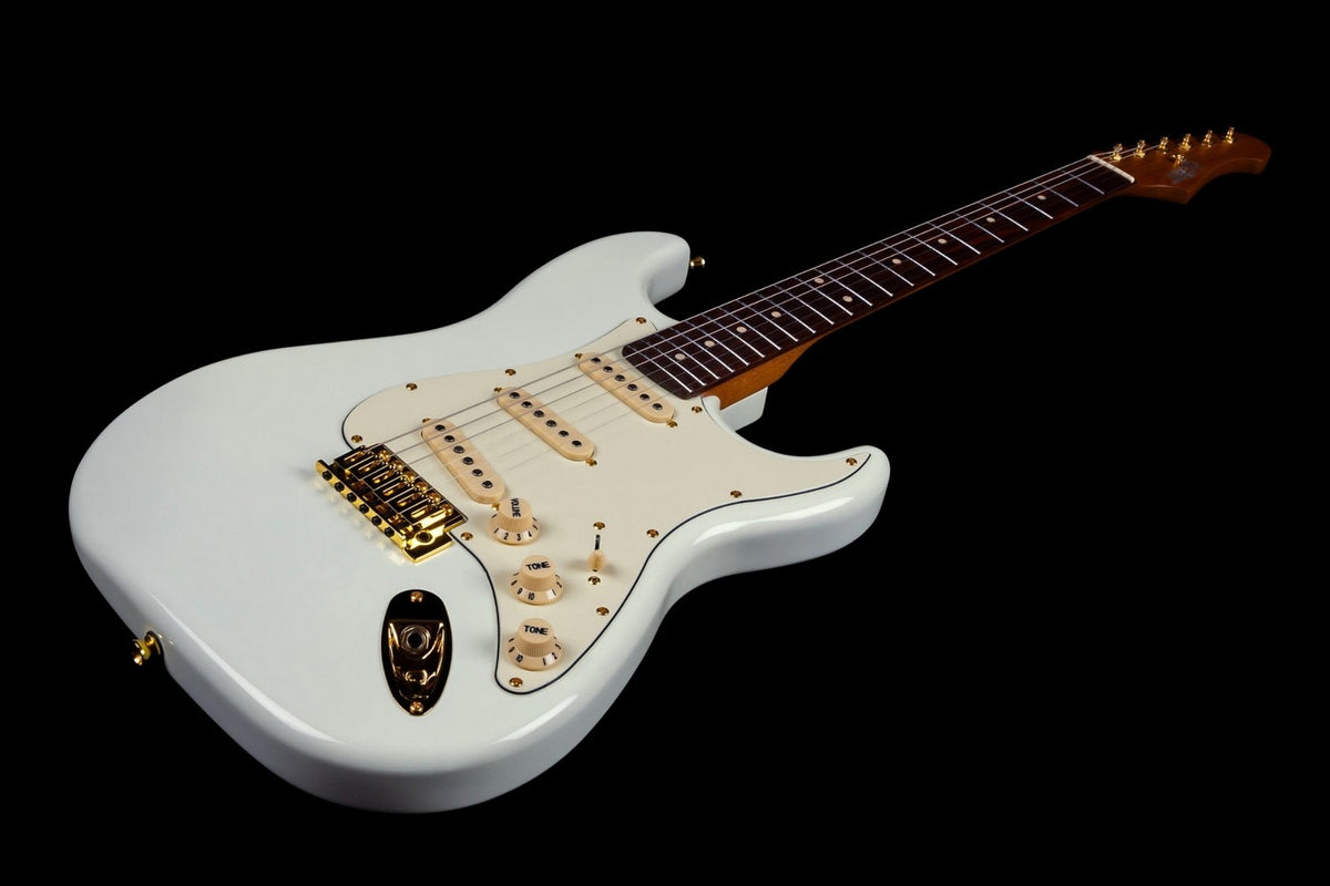 JET Guitars JS-380 OW G – elektrische gitaar – S-'plus' stijl SSS Alnico V Goud hardware Wit, palissander toets