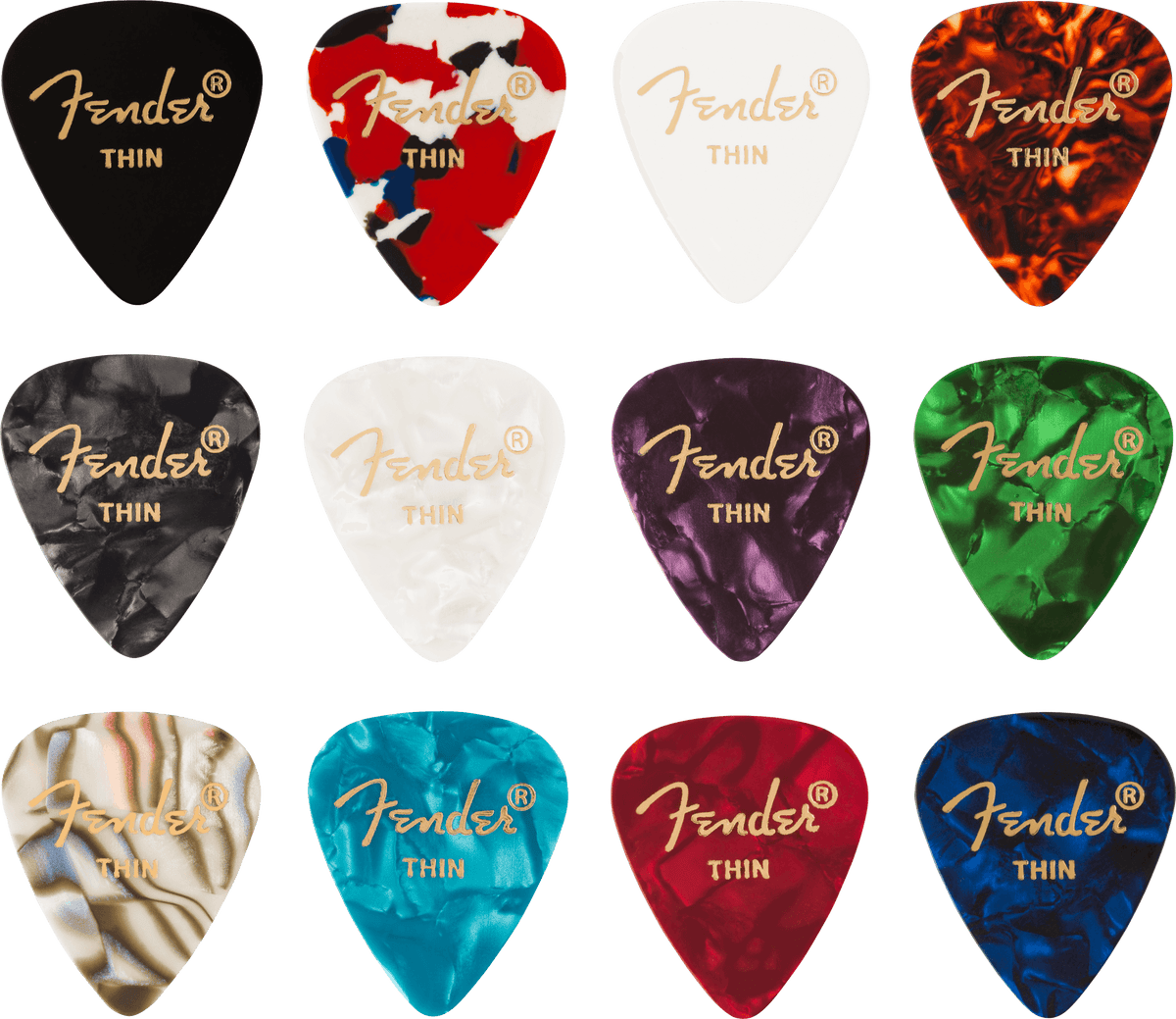 Fender 0980300100 Celluloid Medley 351 Shape Plectrums Thin 12-Pack