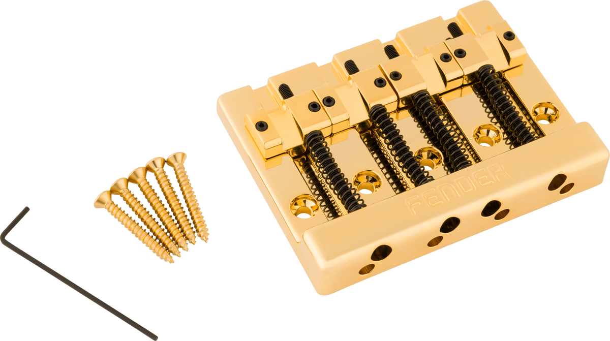 Fender 0994408200 HiMass 4-Snarige Basgitaarbrug met Messing Zadels Goud