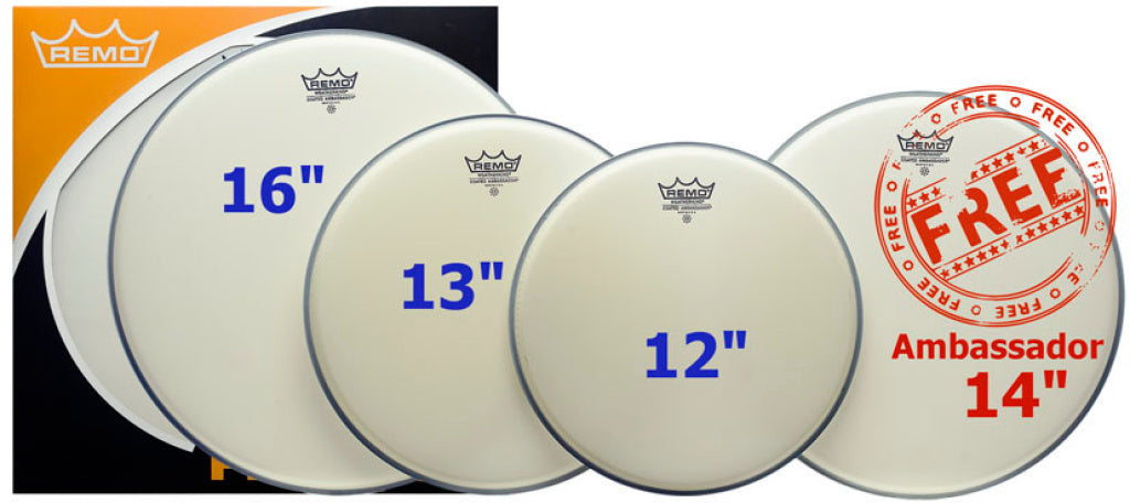 Remo - PP-0112-BA - ProPack (12", 13", 16" Ambassador Coated + FREE 14" BA-0114-00)