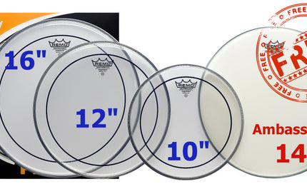 Remo - PP-1870-PS - Pro Pack (10", 12", 16" Pinstripe clear + free 14" Ambassador coated)