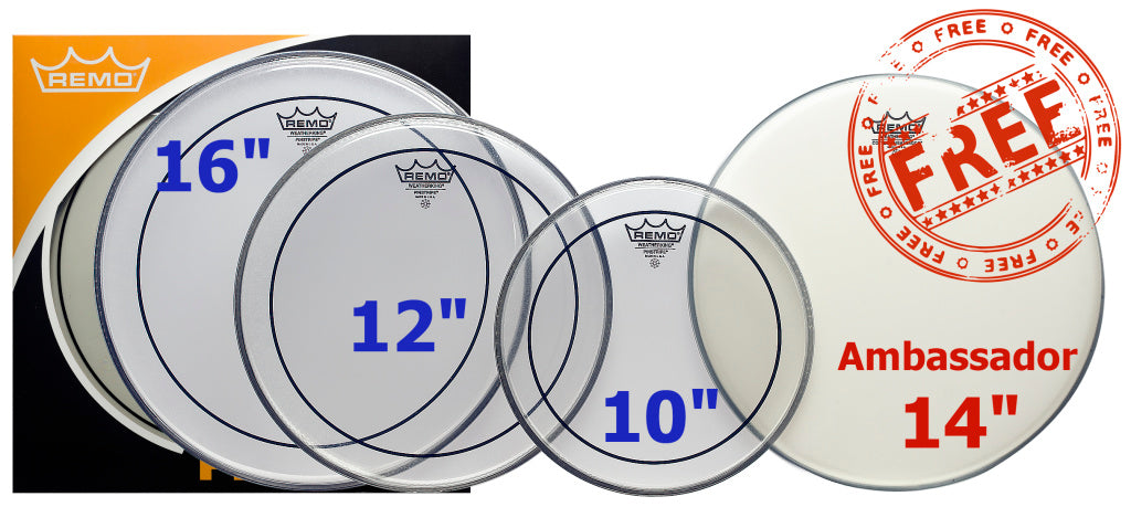 Remo - PP-1870-PS - Pro Pack (10", 12", 16" Pinstripe clear + free 14" Ambassador coated)