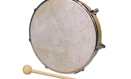 hand drum, rawhide skin, wood, with mallet, 8"