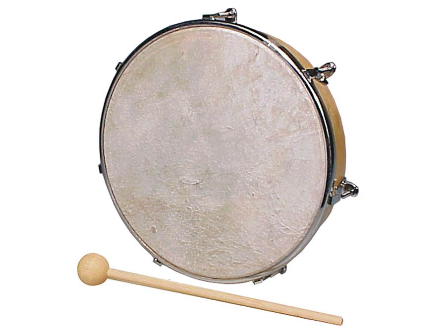 hand drum, rawhide skin, wood, with mallet, 8"