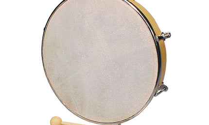 hand drum, rawhide skin, wood, with mallet, 10"