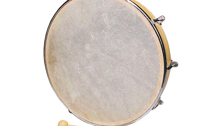 hand drum, rawhide skin, wood, with mallet, 12"