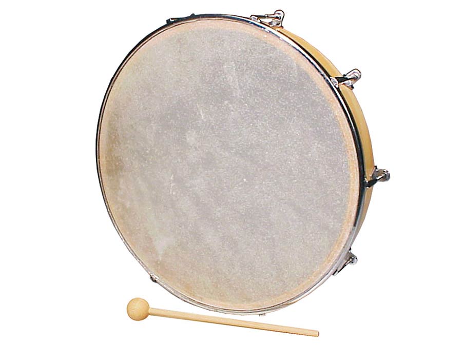 hand drum, rawhide skin, wood, with mallet, 12"