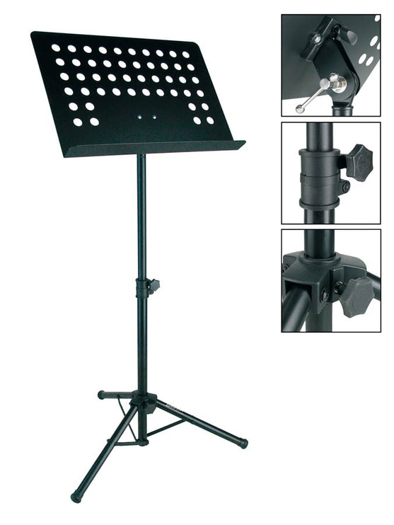 metal music stand, black, perforated desk, desk size 48x35cm