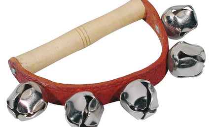 hand jingle bells, with handle, wood and leather, 5 bells of 25 mm.