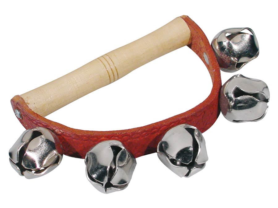 hand jingle bells, with handle, wood and leather, 5 bells of 25 mm.