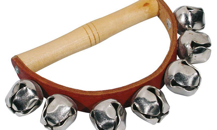 hand jingle bells, with handle, wood and leather, 7 bells of 25 mm.