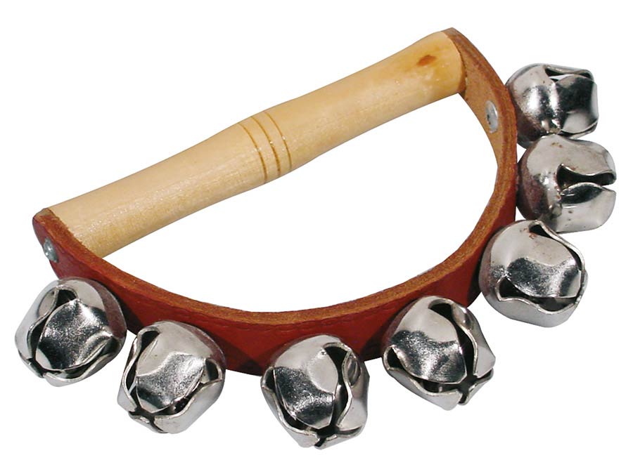 hand jingle bells, with handle, wood and leather, 7 bells of 25 mm.