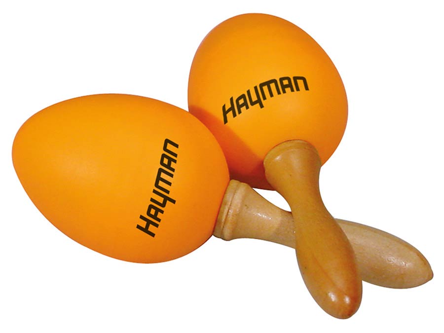 shaker eggs, plastic, pair, with handle, orange, 40 grams