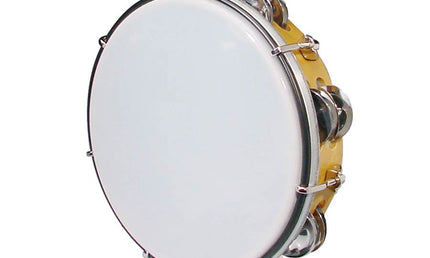 tambourine, plastic drum head, 8", 6 x 2 zils, wood grain plastic, tunable